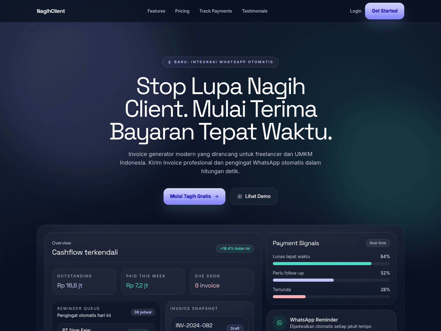 Homepage screenshot of the NagihClient live landing page